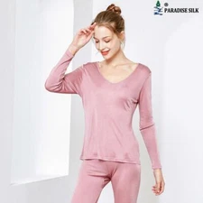 Silk Knit Women Base Layer Underwear V Neck Long Johns Top and Bottom Set
