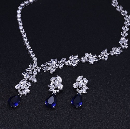 18k White Gold Plated Lab-Created Blue Sapphire Necklace Earrings Set Gorgeous - Picture 4 of 9