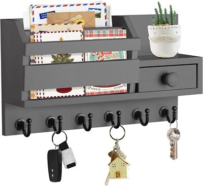 VIS'V Key Holder for Wall, Wooden Mail with Drawer Small, Gray 