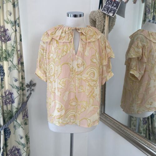 Ted Baker UK 10 2 pink yellow ruffled paisley short sleeve pretty top frisis
