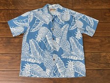 Hilo Hattie Mens Hawaiian Blue Pineapple Leaves Pocket Shirt Made In USA Size L