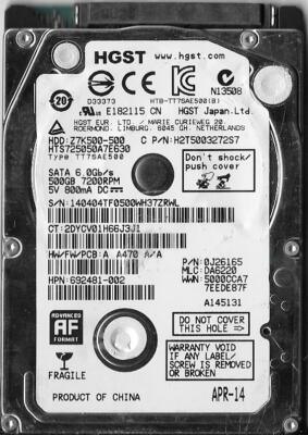 HGST HTS725050A7E630 500GB Sata Hard Drive P/N: 0J26165  MLC: DA6220