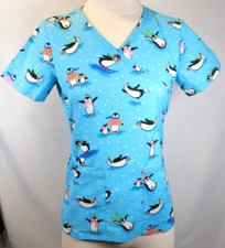Womens Cherokee Scrub Top Blue Penguins Snow XS Extra Small