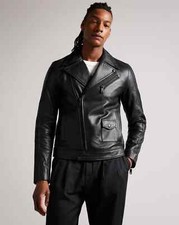Giacca da motociclista Ted Baker London da uomo in pelle ovina nera nuova con etichette taglia 5 Large $1095 C846