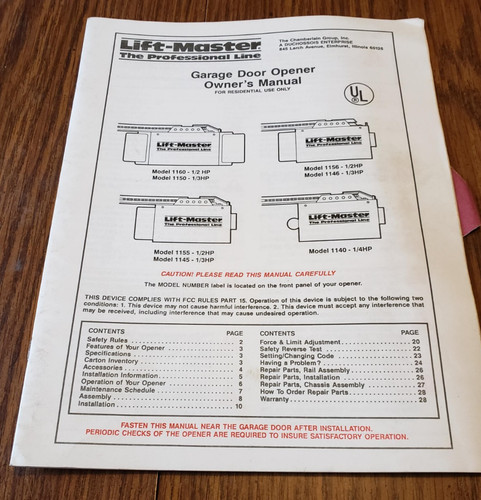 Lift-master Garage Door Opener  Owners Manual Models 1140 1150 1160