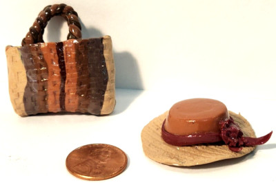 LOT 2 pc Custom Clay Dollhouse Miniatures Brown & Beige Tote Bag & Hat w/ Ribbon