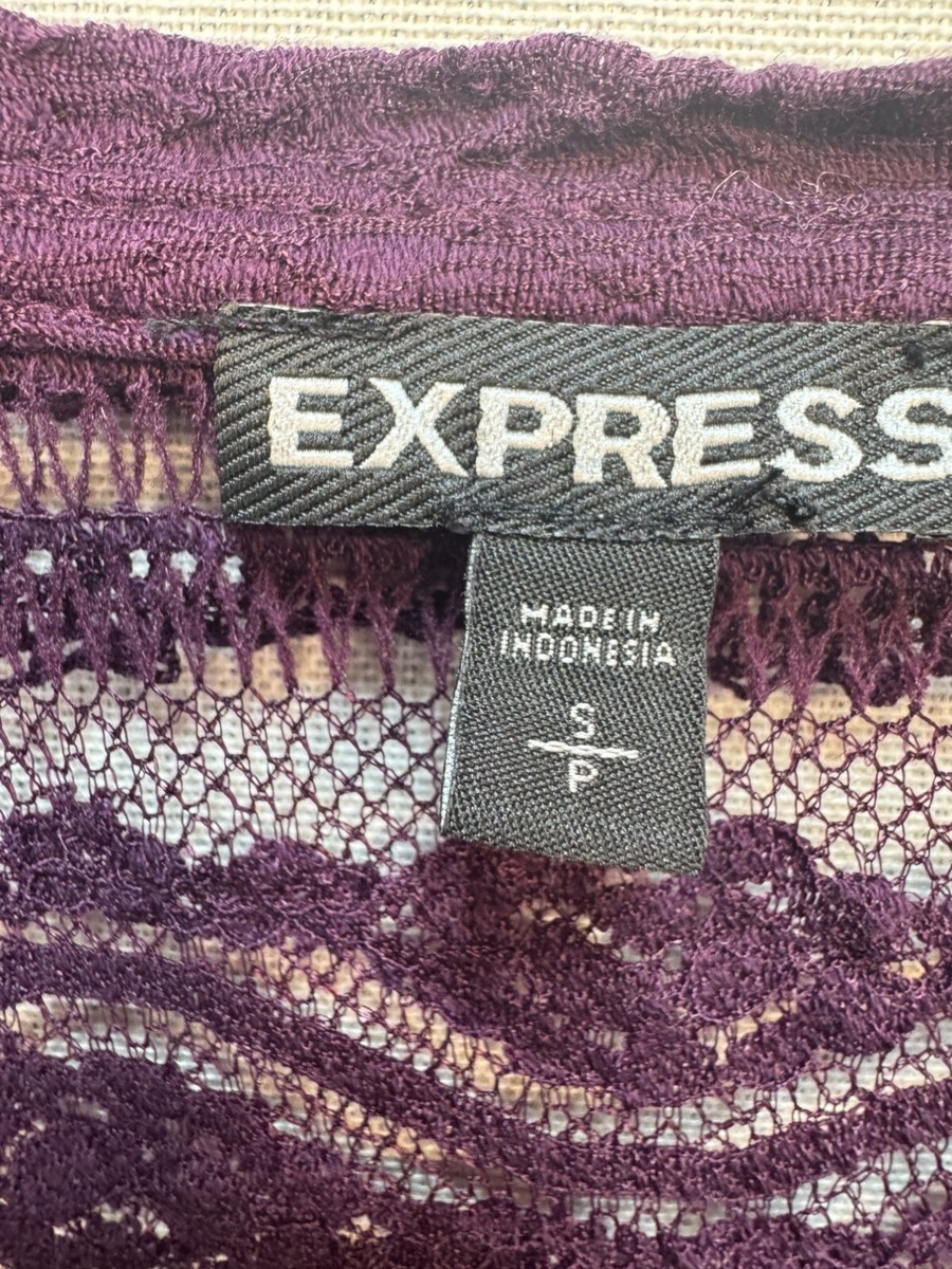 Express Womens Sheer Long Sleeves Top Size S Purple Lace Scoop