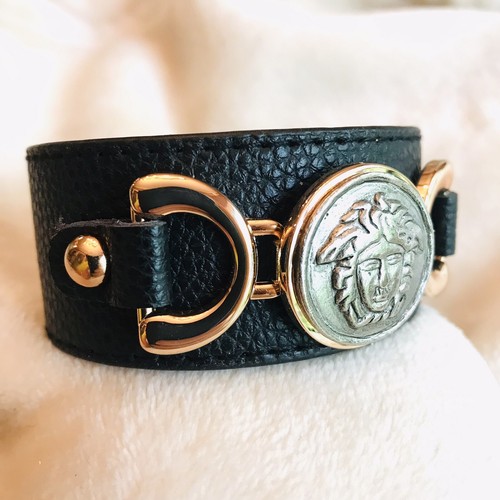 Artisan Handcrafted Medusa Metal Button Black Faux Leather Bracelet - Picture 7 of 11