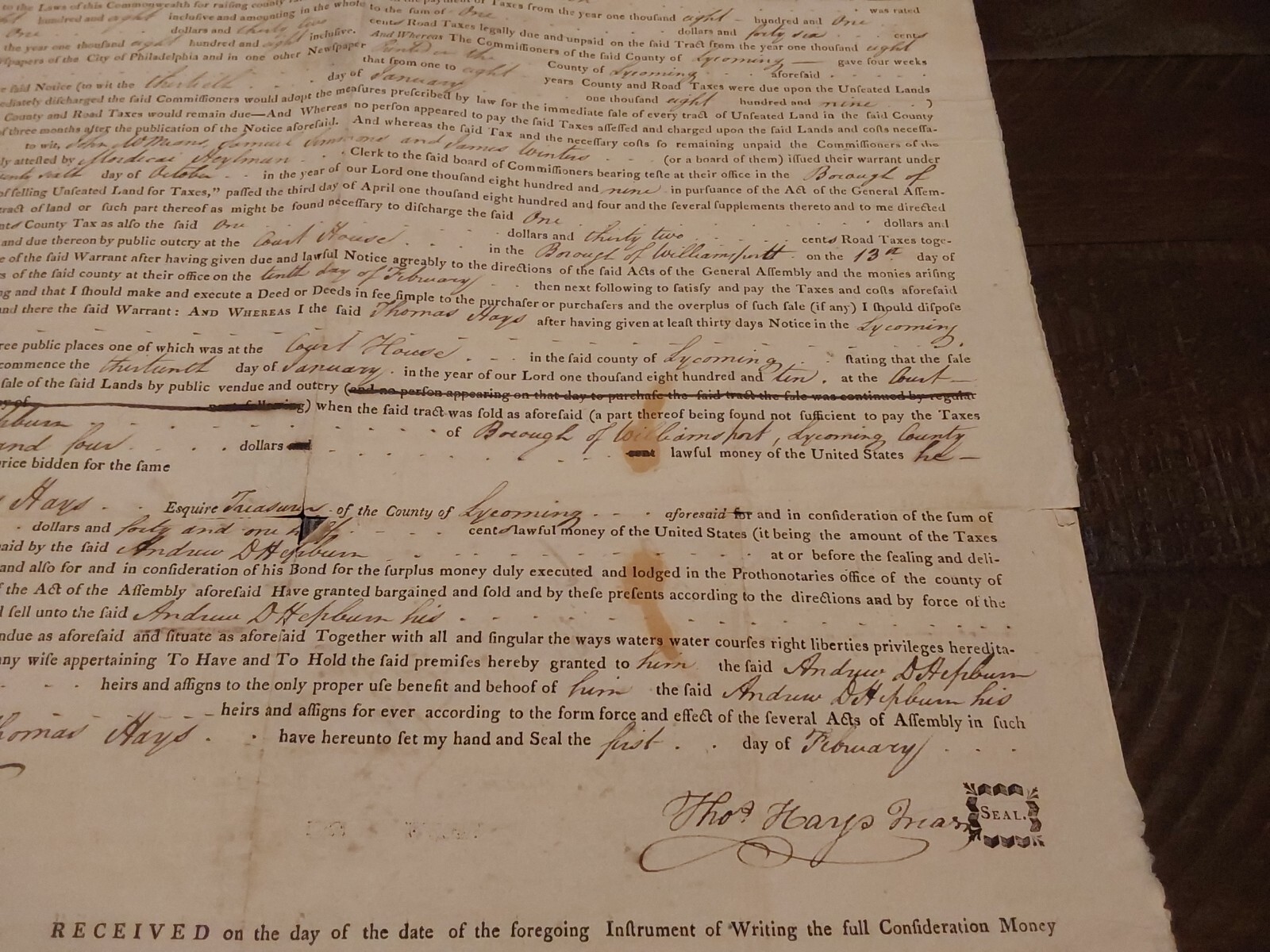 1810 Land Deed Loyalsock Twp County PA John Patton Thomas Hays