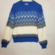 VTG FINECRAFT Fair Isle Turbo Orlon Acrylic Knit Sweater Blue White Black Size M