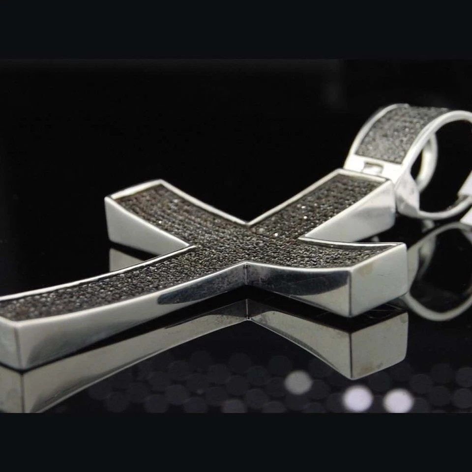 2 Ctw Black Diamond 14K White Gold Plated Pave Cross Charm Men's Pendant 3.3" - Image 3 of 4