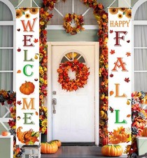 Welcome  Happy Fall Porch Banner   Perfect Harvest  Thanksgiving Decor