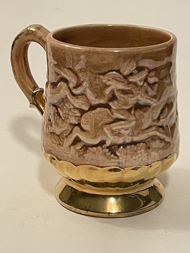 Vintage 1970 German Scene Mug Ceramic Gold Pedestal Base & Handle Signed - Picture 3 of 10