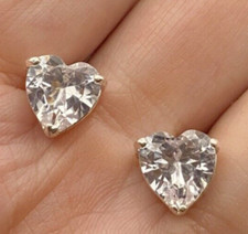 Heart Shaped Earrings CZ 4 Ct 10 mm Silver Tone Pierced Stud Pageant Love Bling