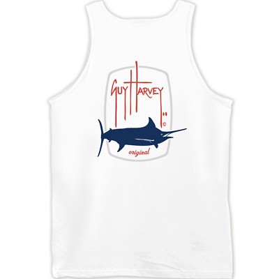 Guy Harvey Barrel Logo Fishing Tank Top – Men's 100% Cotton, White, Regular Fit, Choose Size
