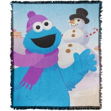 Sesame Street Blanket, 50"x60" Cookie Monster Snowman Woven Cotton Blend Throw