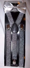 GRAY SILVER SHINY ADJUSTABLE  BOW TIE + SILVER GLITTER SUSPENDERS SET-BRAND NEW!