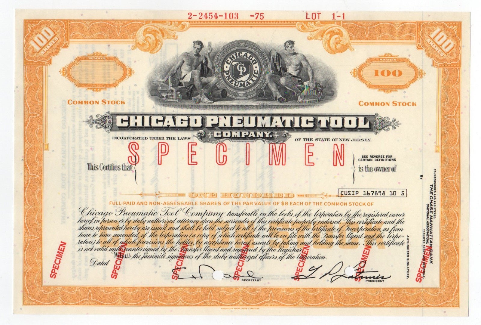 SPECIMEN Chicago Pneumatic Tool Company Stock Certificate eBay