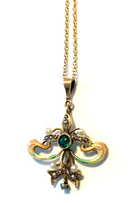 STUNNING Antique*14K GOLD* Pendant & Chain w TOURMALINE GEMSTONE PEARLS & ENAMEL