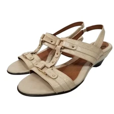 Sofft Women's Cream Low Wedge Heel Slingback Sandals Leather Size 8.5
