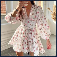 Women Floral Print Mini Dress High Waist A-Line Summer Autumn Long Sleeve V Neck