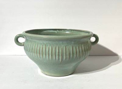 Celadon Green Planter Pot Bowl Double Handled Ribbed Pottery Asian Design MCM