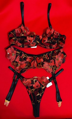 Bra 34B Garter Panties Sz Small ❤️ Red Black Lace Embroidered Sexy High Quality - Picture 2 of 8
