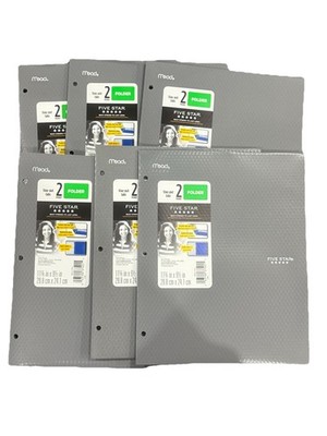 6 Pack Mead Five Star Plastic Stay-Put Tab 2 Pocket Folders Gray School