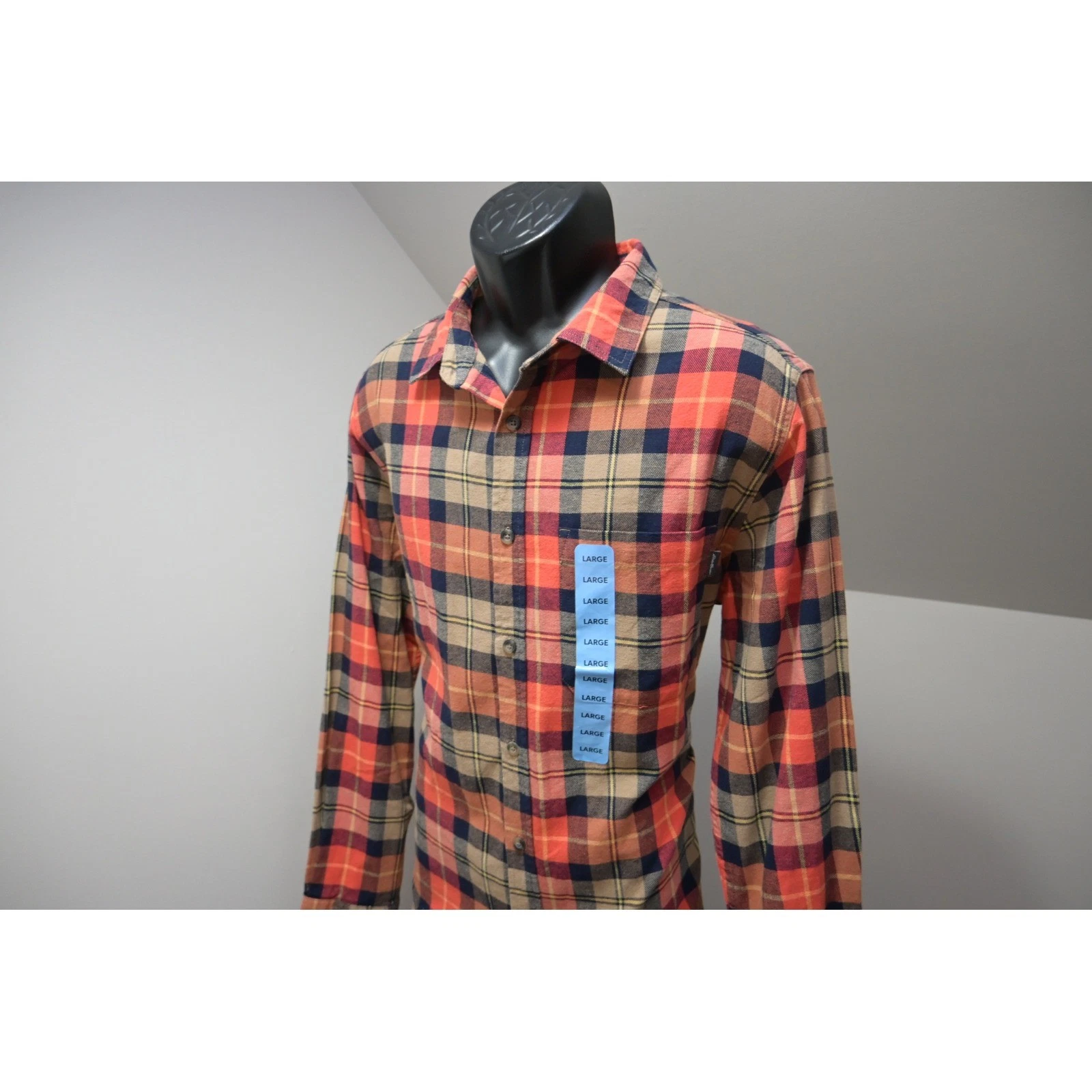 Eddie Bauer Flannel Shirt Mens Large Orange Plaid Long Sleeve Button Up New