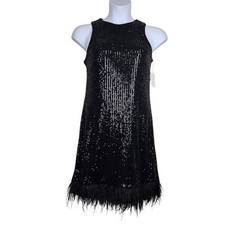 Taylor Womens Sleeveless Black Feather Trim Sequin Mini Dress Size 10 NWT