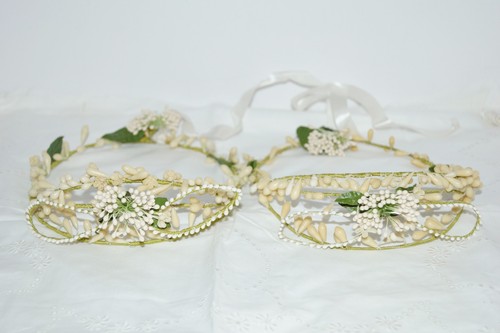 Matching Pair Of Antique Cream Wax Floral Tiara Headpiece Wedding Bridal Crowns