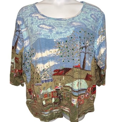 Liz & Me Womens Blue Scenic Landscape Art Beaded T-Shirt Sz 3X Art to Wear Boho