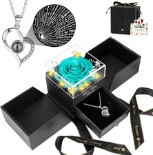 Preserved Light Blue Real Rose with I Love You Necklace Eternal Flowers Rose Gif