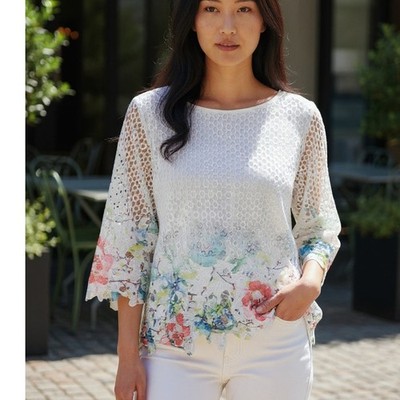 DAMEE INC. White, Pink, Green Crochet Lace Floral Boatneck Layered Tunic Size S