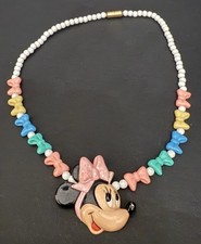 VTG 80s Disney Minnie Mouse Necklace Face  Bows Plastic Beaded Girls Kids 15"