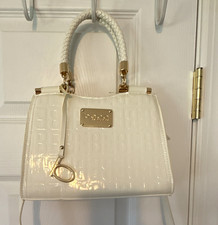 bebe White Patent Logo Embossed Small Satchel Braided Handle Zip Detach Strap