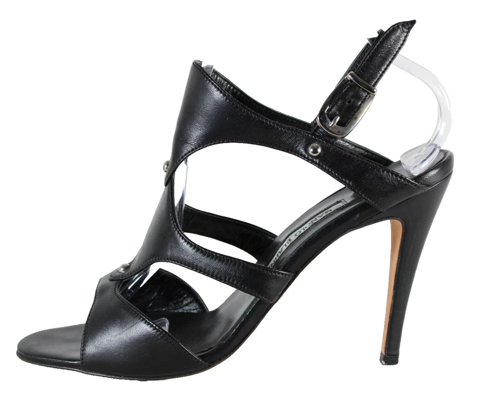 Sandálias MANOLO BLAHNIK couro preto gladiador salto recortado 40,5 - Imagem 3 de 4