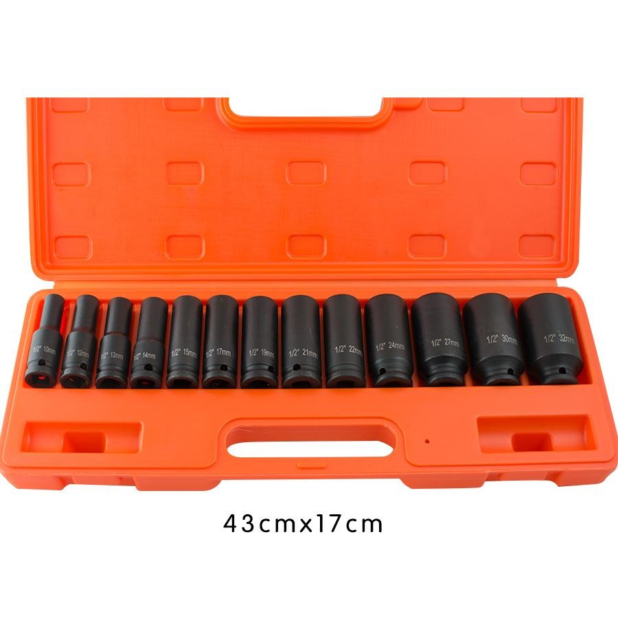 13 Piece Metric Deep Impact Socket Set For 10-32mm 1/2 Inch Drive Red Case DIY