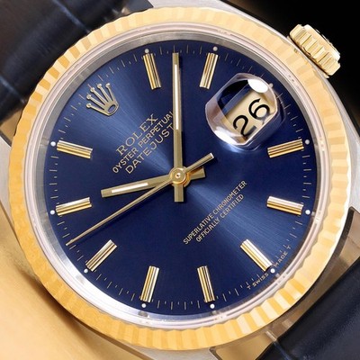 ROLEX MENS DATEJUST 16233 BLUE DIAL 18K GOLD STEEL BLUE LEATHER BAND WATCH