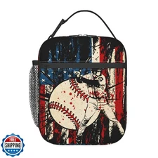 Anyako Baseball Stitches American Flag Insulated Lunch Bag, Baseball Sport Lu