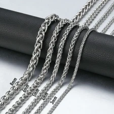 3/4/5/6/8/10mm Men's Chain Stainless Steel Wheat Link Silver Necklace 18-30inch