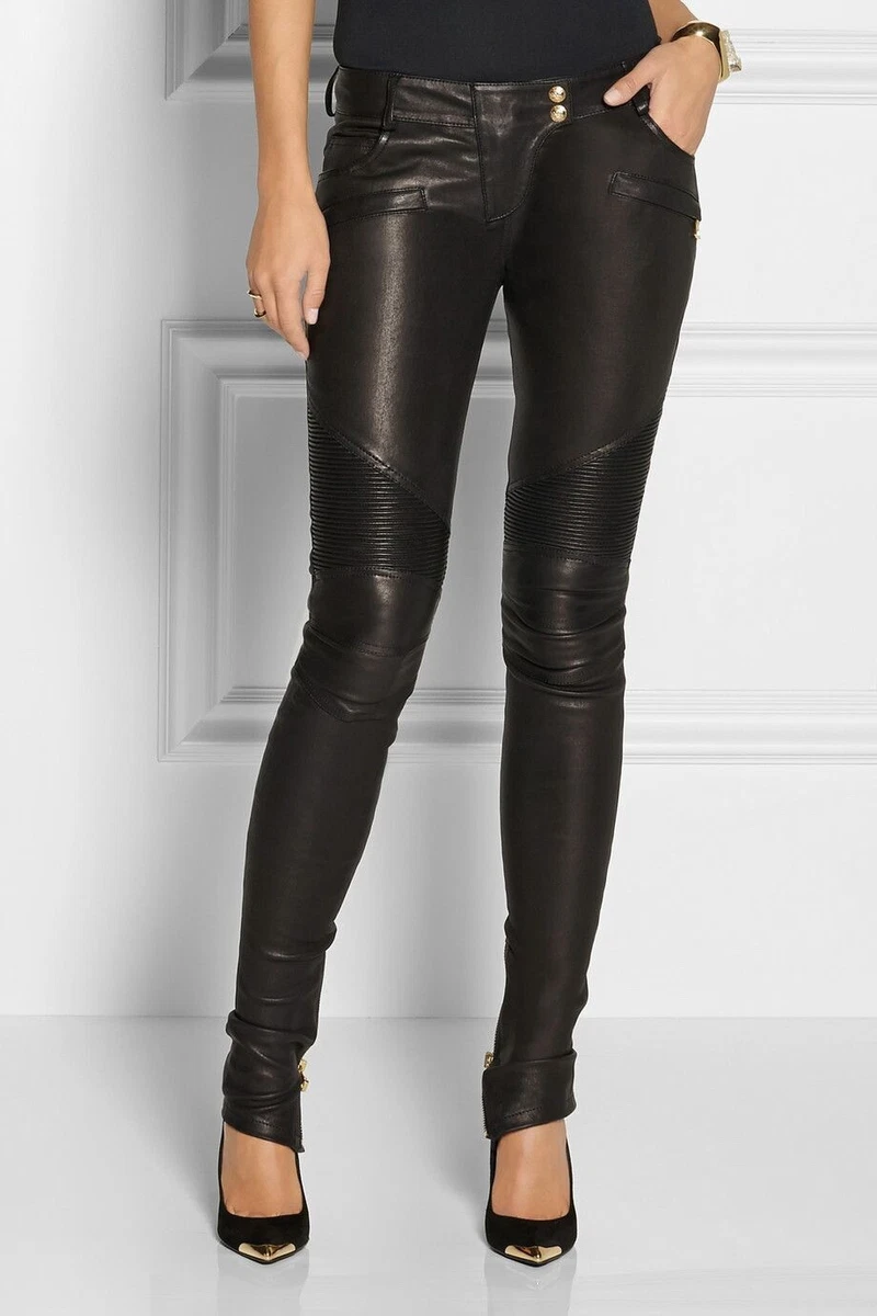 Balmain Zip-Detailed Low-Rise Black Biker Leather Skinny Pants 40