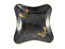 Black Fine China Trinket Ashtray 22 Kt Gold Details Butterflies VTG