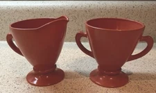 Vintage Hazel Atlas Ovide Platonite Rust Orange Creamer Sugar Bowl With Handles