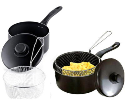 20cm Spanpfanne Friteuse mit Deckel & Drahtkorb - Antihaftbeschichtet Kohlenstoffstahl Bratpfanne