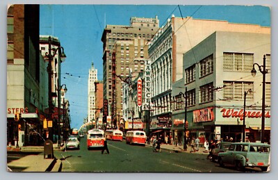 c1950s Memphis TN Walgreen's Warner Bus Cars Signs Main Street View Postcard B8