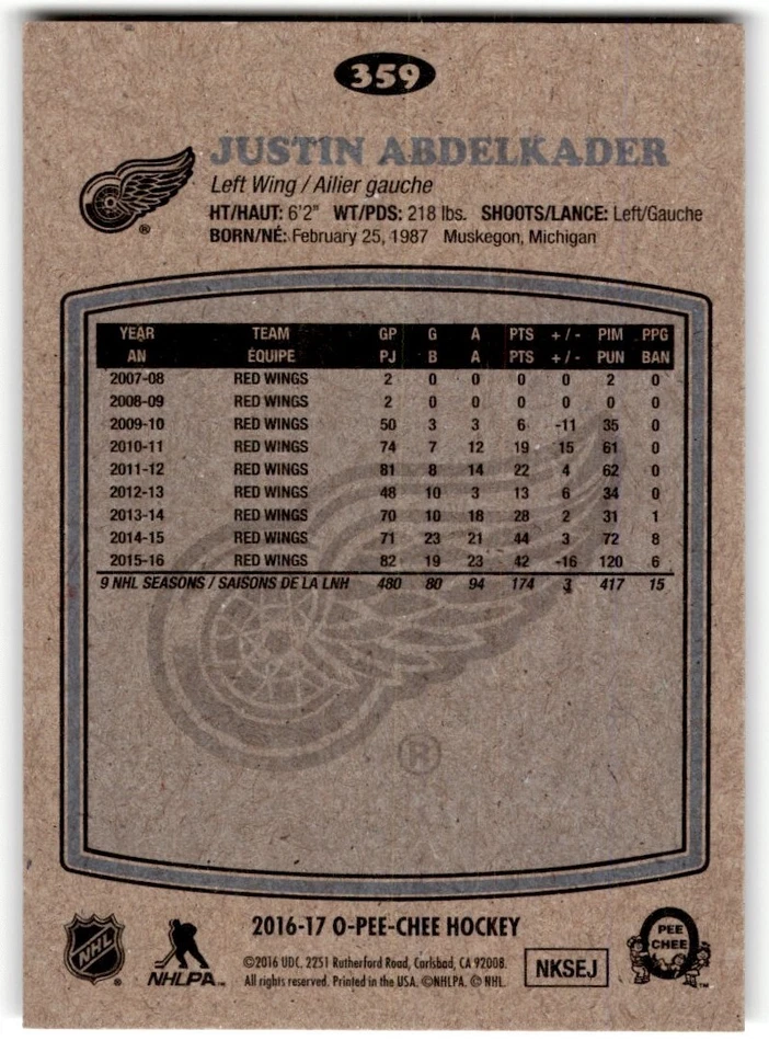 Justin Abdelkader 2016-17 O-Pee-Chee Retro #359 Detroit Red Wings - Image 2 of 2
