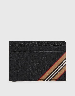 Burberry Icon Stripe Grained Leather Black Card Case 8033074 ITALY 
