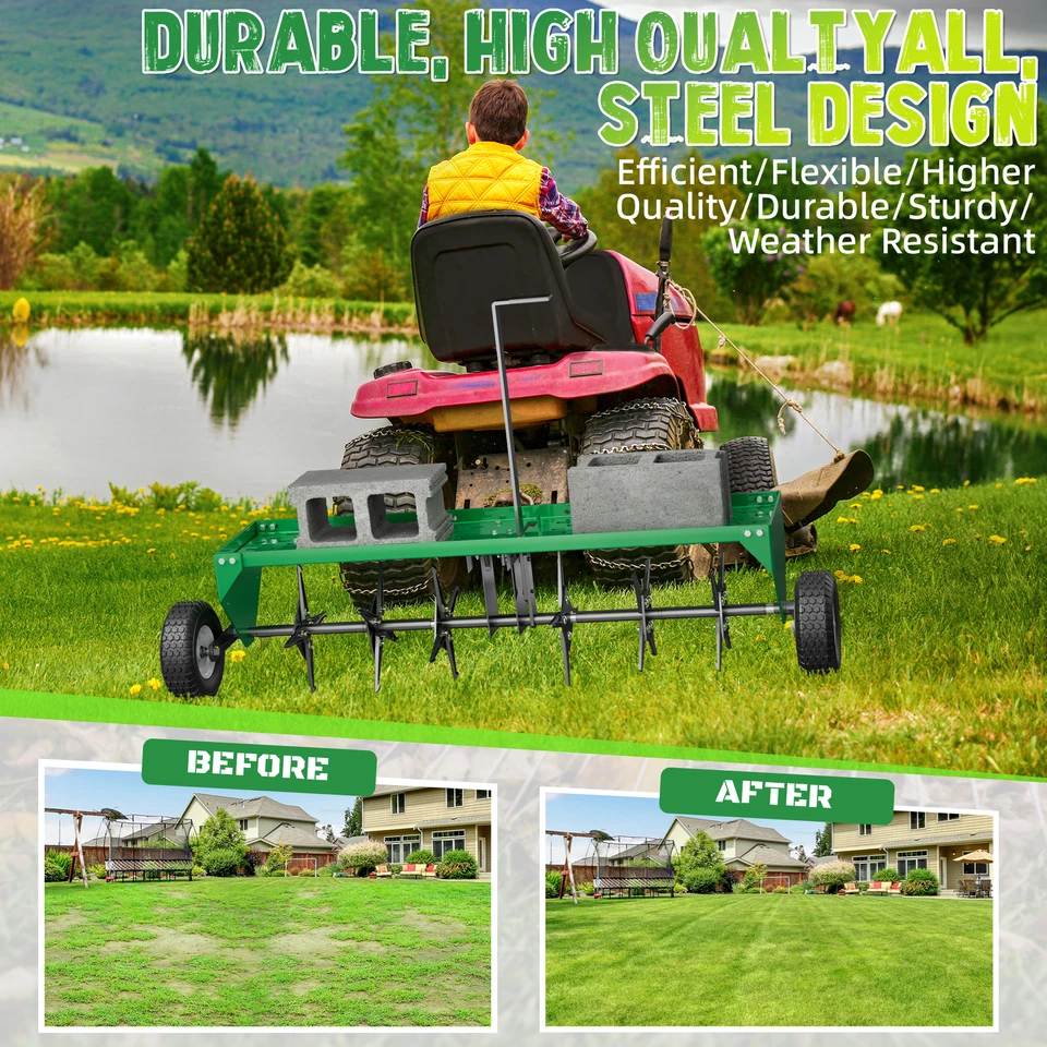 Steel 40" Lawn Aerator Tow Behind W/ Universal Hitch for Lawn Plug Aerator Green - Image 3 of 4