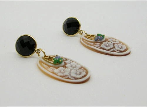 ORECCHINI ORO GIALLO 18Kt ONICE CAMMEI SARDONICO ZAFF. RUB.SMERALDI. OGHT 0192 - Immagine 2 di 3